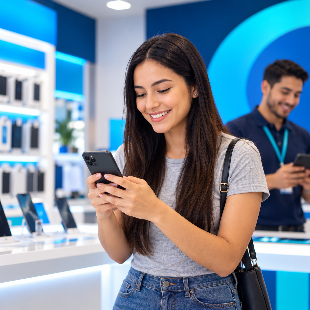 Clienta explorando un teléfono móvil en una tienda